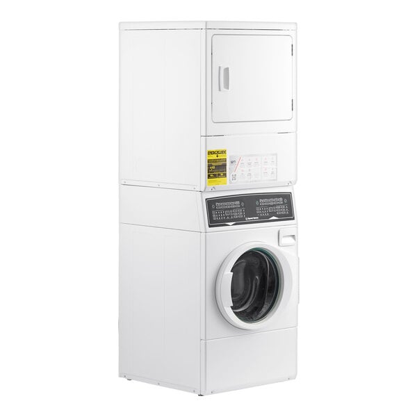 A stack of white Speed Queen front load electric washer and dryer machines.
