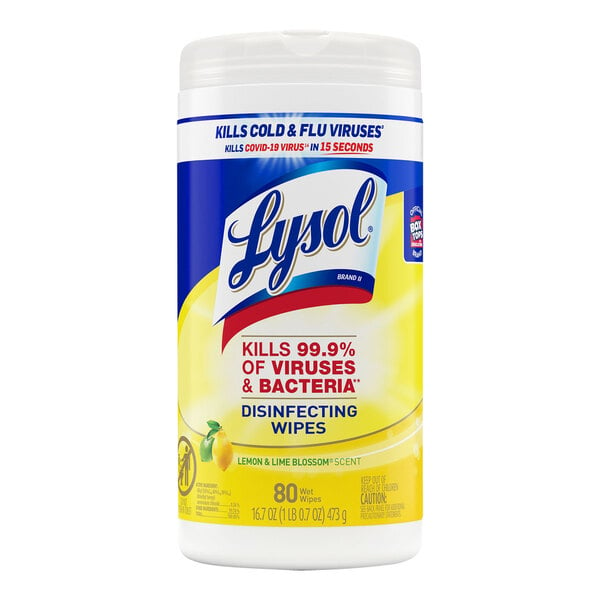 A white plastic container of Lysol Lemon Scent disinfecting wipes with a yellow label.