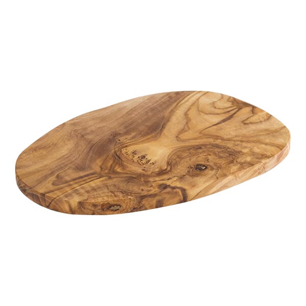 An APS olive wood serving board with an oval shape.