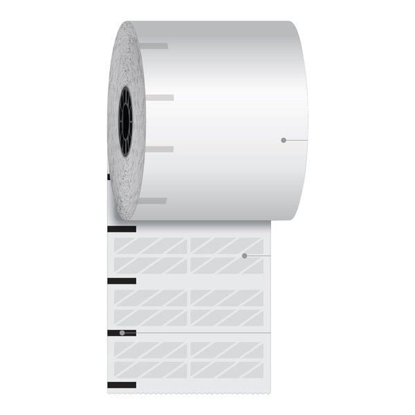 An Iconex Ultra-Lite IV adhesive linerless receipt paper roll with a white background.