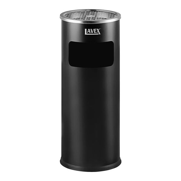 A black steel freestanding cigarette receptacle with front access trash can.