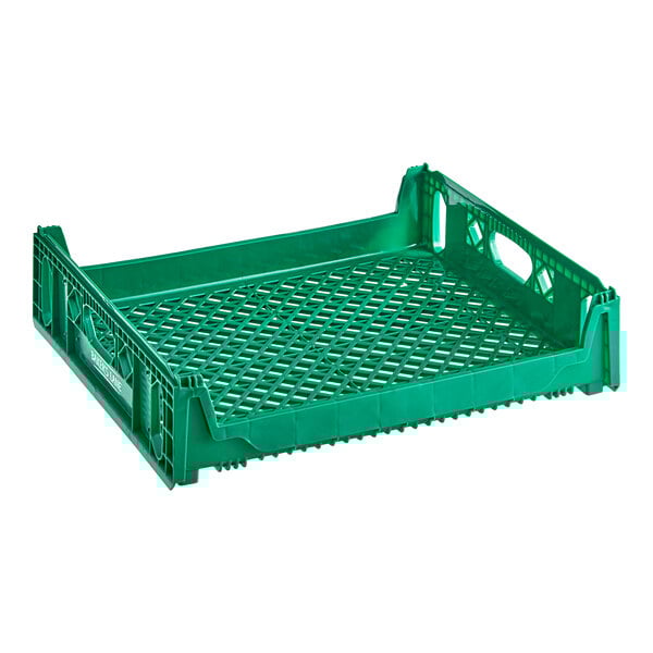 A green plastic Baker's Lane bread tray with holes on the top.