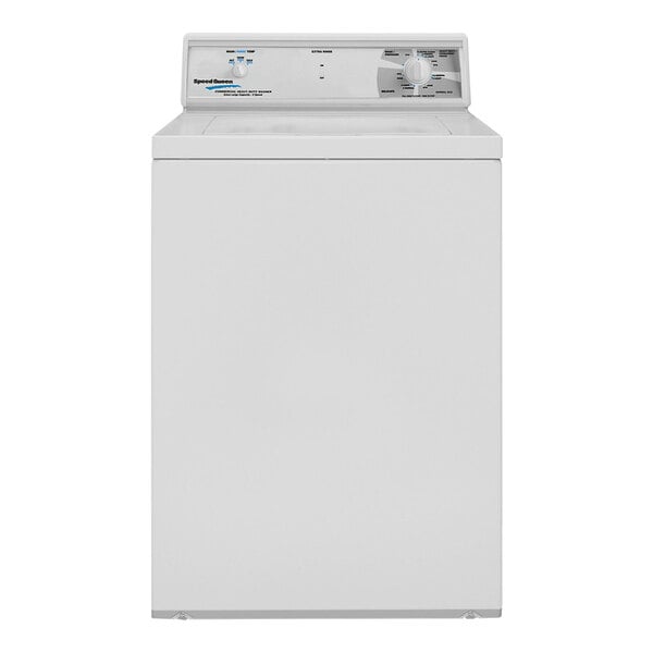 A white rectangular Speed Queen top load commercial washer with a black handle.