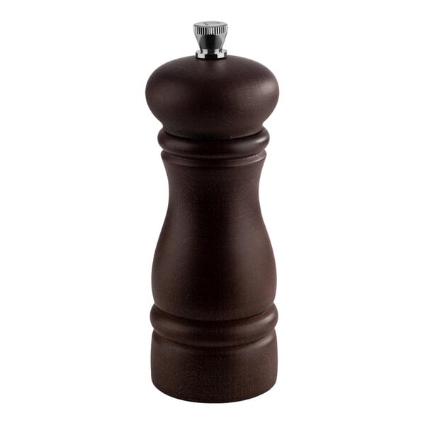 An APS dark beechwood pepper mill with a metal top and black handle.