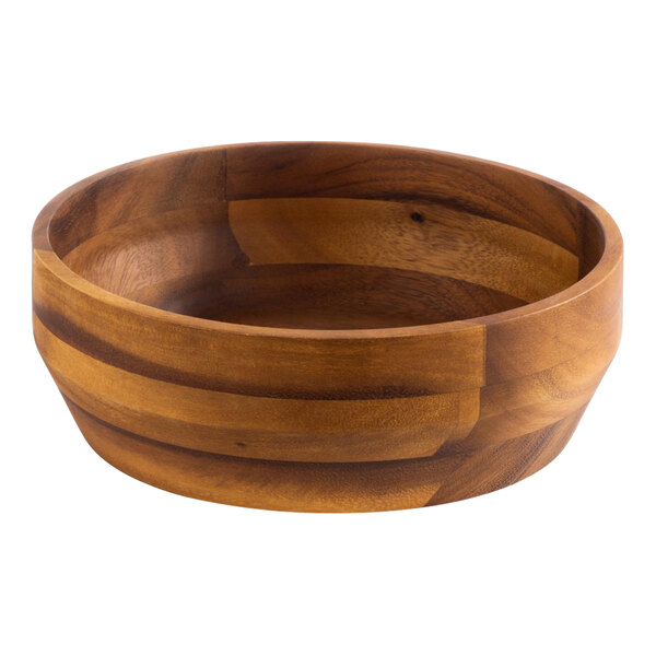 An APS acacia wooden bowl with a white background.