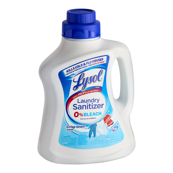 A white bottle of Lysol Linen Scent Laundry Sanitizer with a blue label.