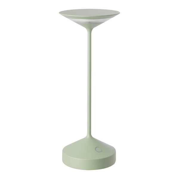 An Abert Tempo sage green table lamp with a white base.