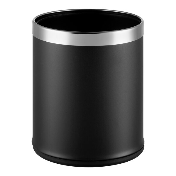 A black steel round decorative wastebasket with an open top and a silver rim.