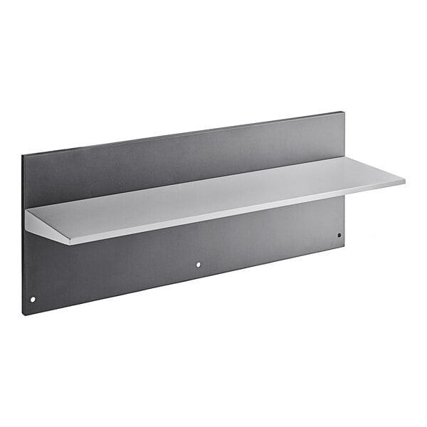 A grey metal tray shelf with a white strip on top.