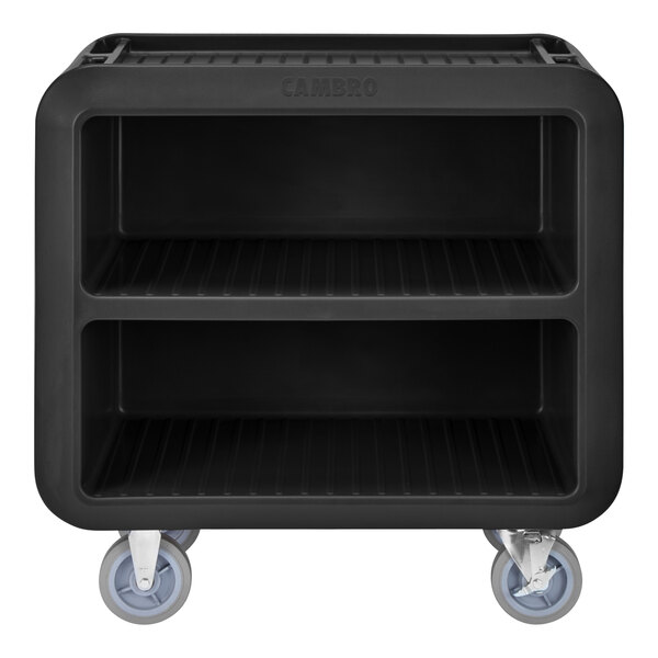 A black plastic Cambro service cart with 4 swivel casters.