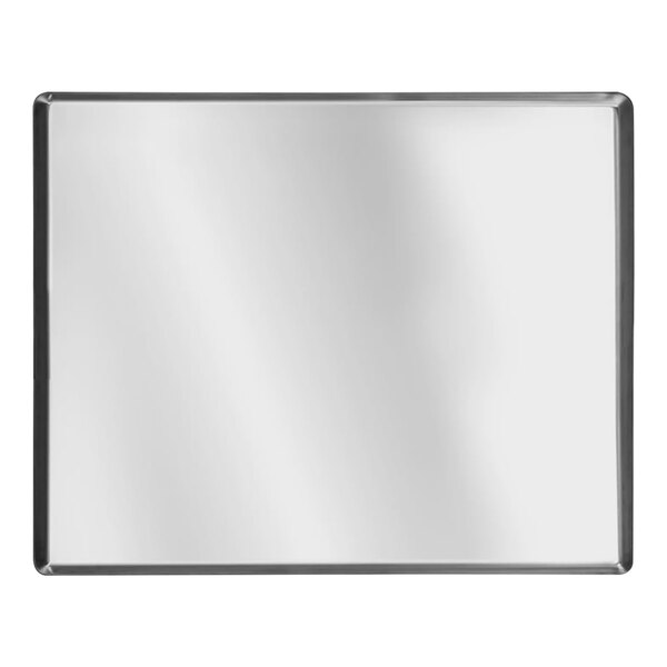 A white rectangular stainless steel serving tray with a black border.
