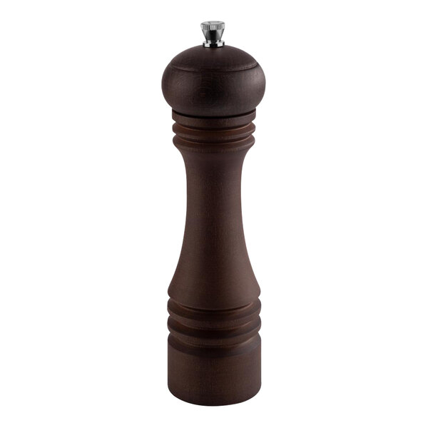 An APS dark beechwood pepper mill with a metal top and black handle.