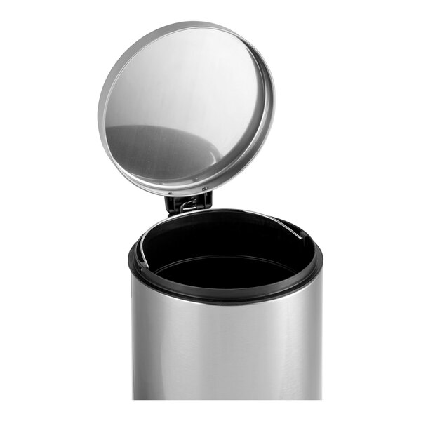 A stainless steel round step-on trash can with a soft close lid.