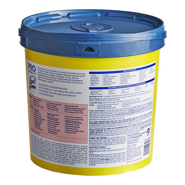 A yellow bucket with a blue lid.