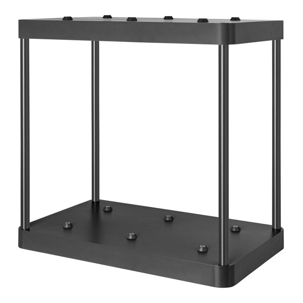 A black rectangular charging tray with metal rods for six devices.