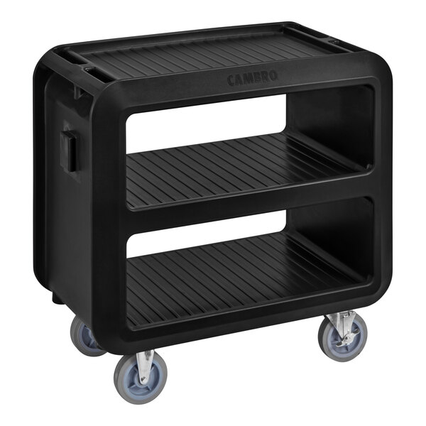 A black Cambro service cart with wheels.