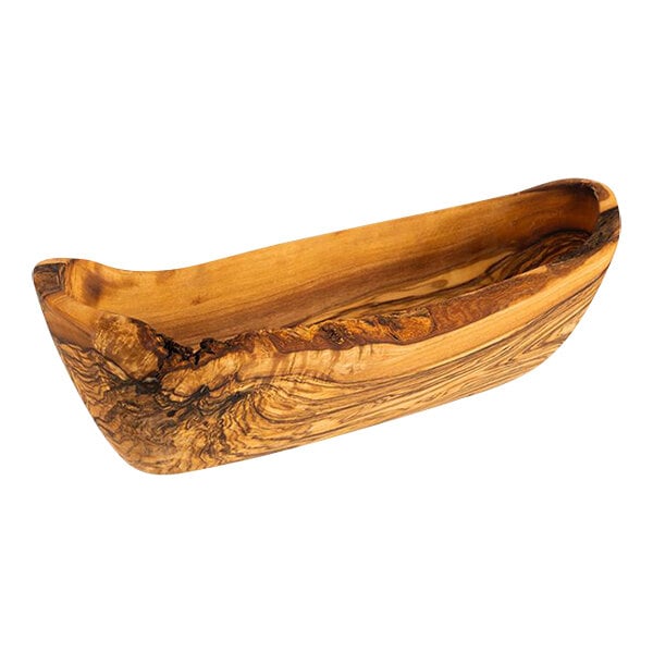 An APS organic olive wood serving bowl with a curved edge and wood grain design.