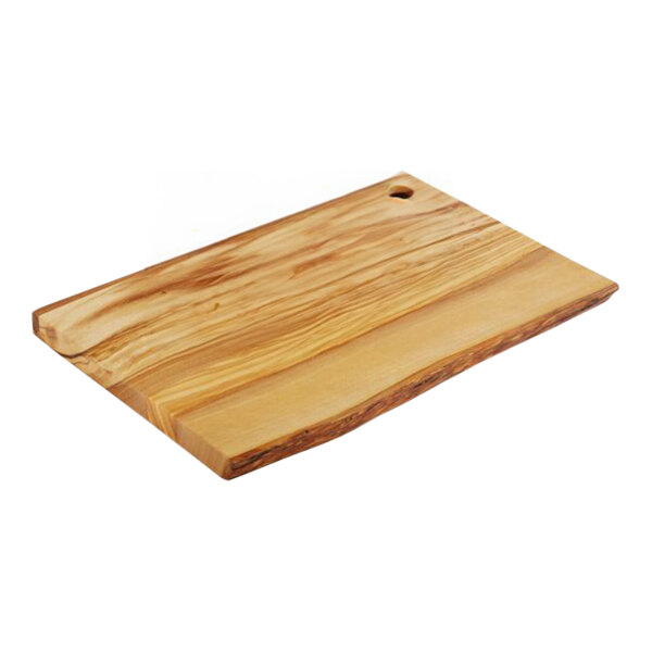 An olive wood rectangular serving board with a hole in it.