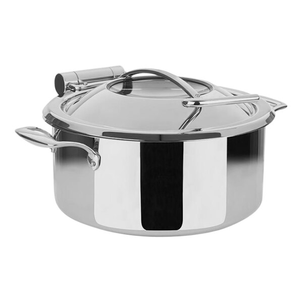 A silver APS stainless steel pot with a lid.