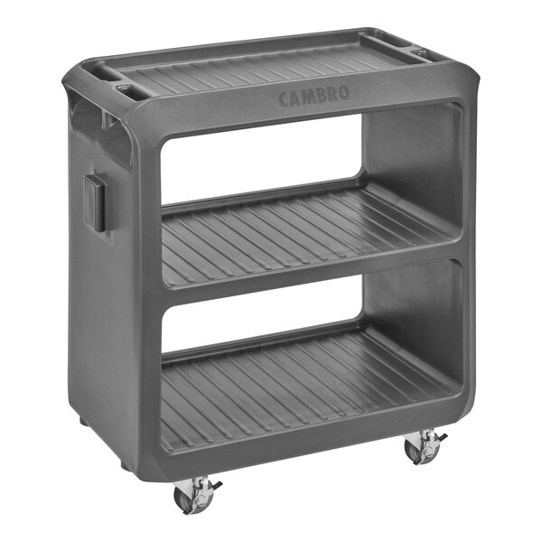 A Cambro charcoal grey plastic 3-shelf service cart with wheels.