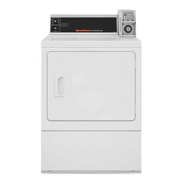 A white Speed Queen commercial gas dryer with rear control panel.
