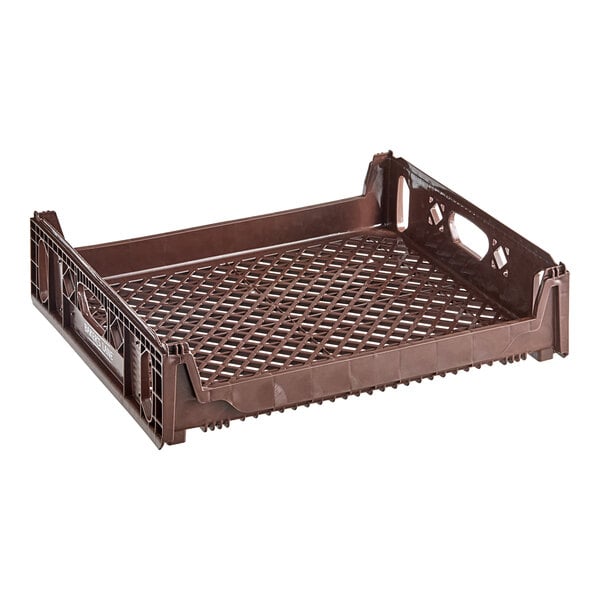 A brown plastic Baker's Lane bread tray with holes.