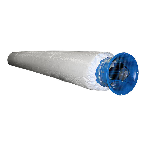 A long white and blue cylindrical Patterson Power Tube fabric air duct system.