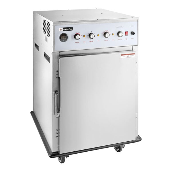 A large white rectangular Cooking Performance Group SlowPro cook and hold oven with knobs and dials.