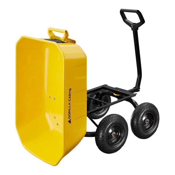 A yellow Gorilla steel dump cart with black wheels.
