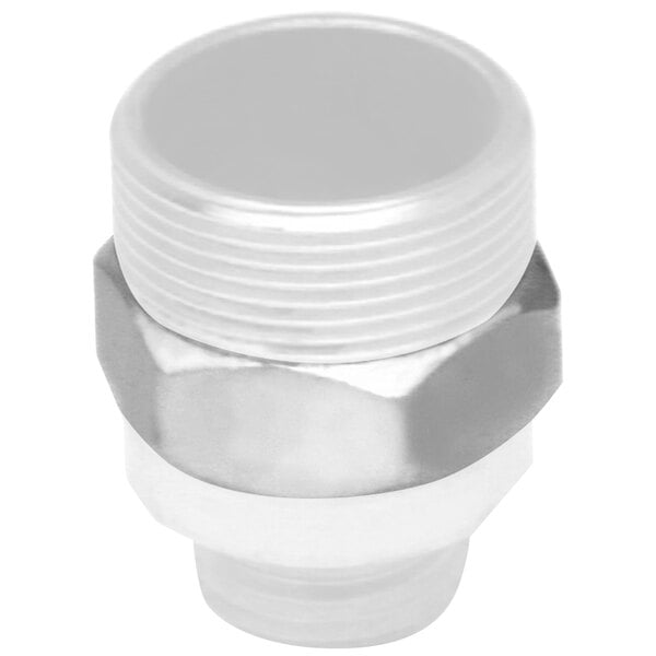 A close-up of a white T&S faucet nut with a metal cap.