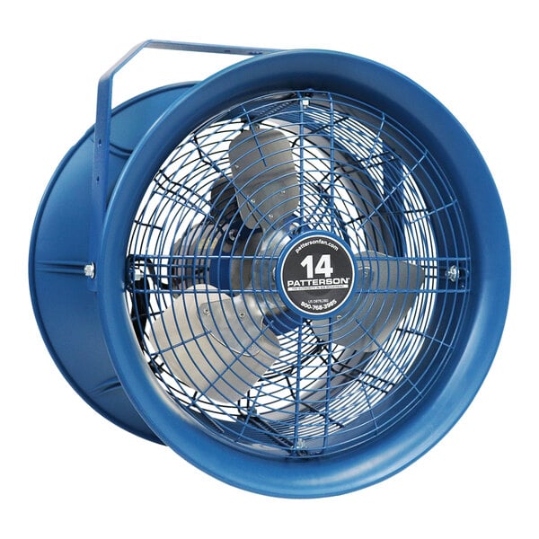 A close-up of a blue Patterson industrial fan with metal blades.