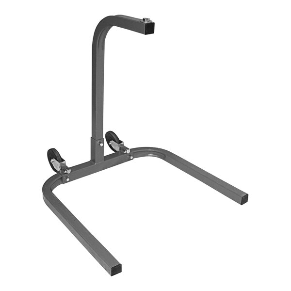 A grey metal cart with wheels for a Patterson Stroller Fan Mount.