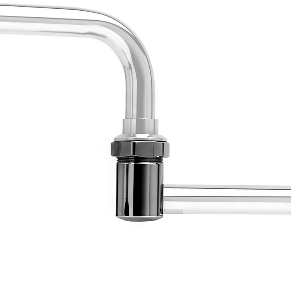 A T&S chrome pre-rinse faucet swing body with black and white inlets.