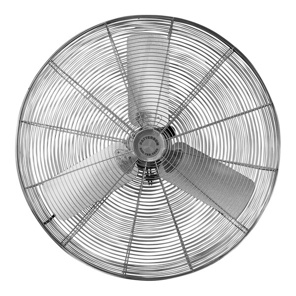 A close-up of a Patterson stainless steel heavy-duty cage fan with four blades.