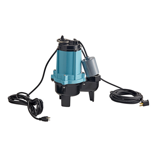 A blue and black Little Giant water pump with wires.