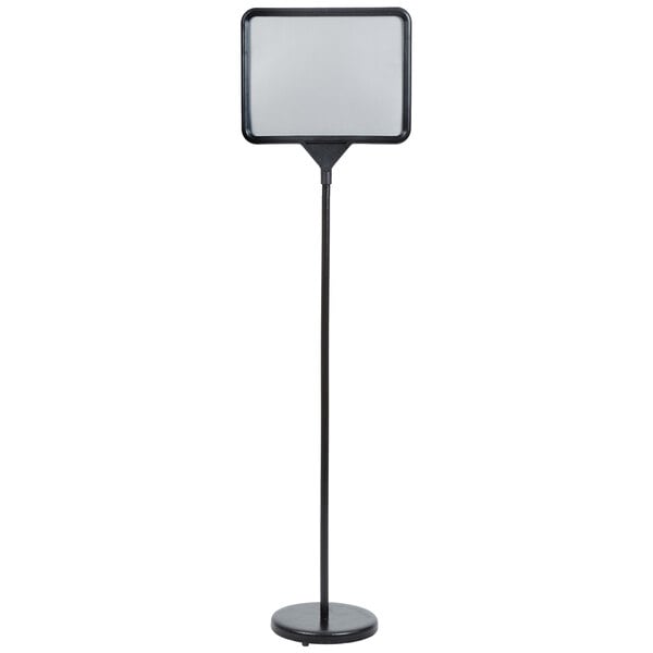 A black Aarco hostess sign with a black border on a stand.