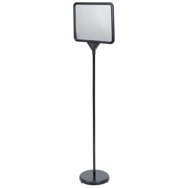 A black metal Aarco hostess sign stand with a square sign on top.