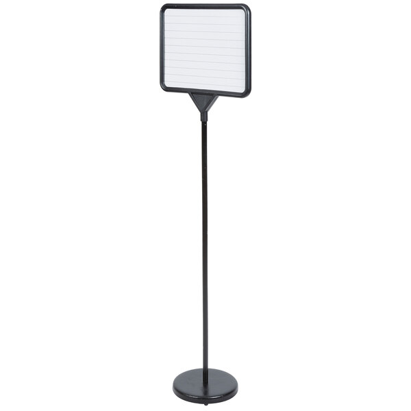 A black metal stand with a black pole and white board with a black frame on it.