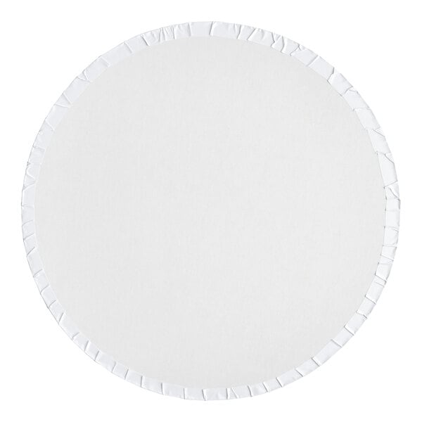 A close-up of a white Baker's Lane round cake drum with a white edge.