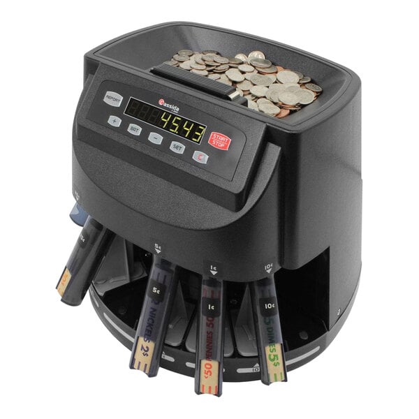 A close-up of a black Cassida C-C200 coin counting machine with coins in it.