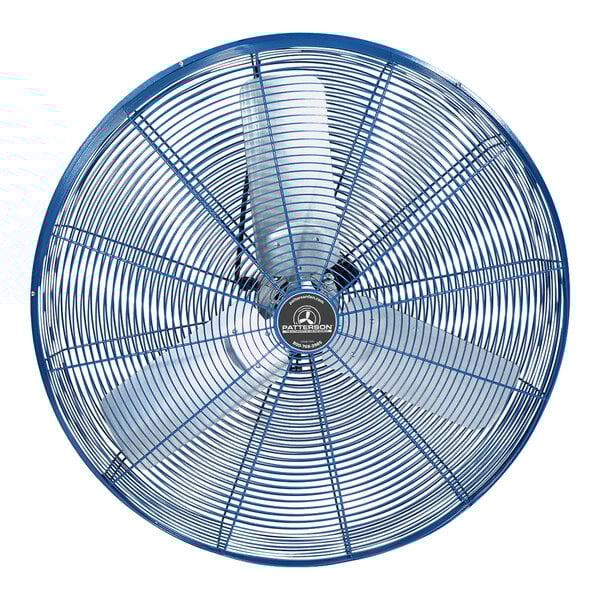 A blue Patterson heavy-duty cage fan with white blades.