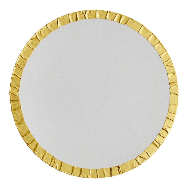 A round white paper with gold trim.