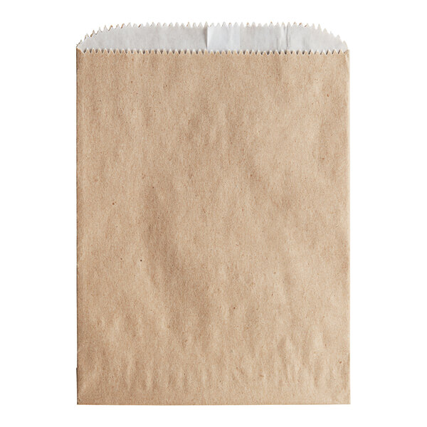 A brown paper bag with white paper inside.