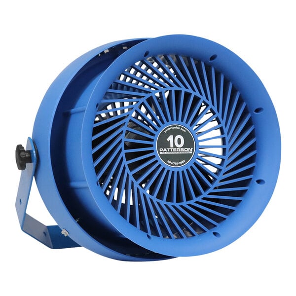 A blue Patterson Industrial fan with a black label and handle.