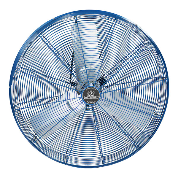 A blue Patterson heavy-duty cage fan with white blades.