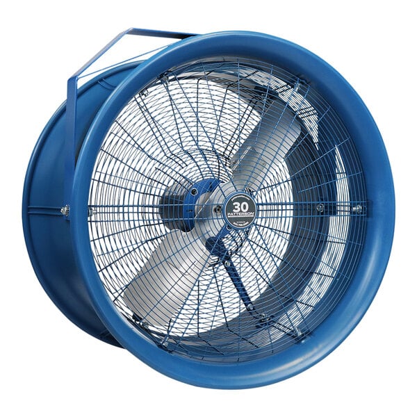 A blue Patterson industrial fan with metal blades and a white label.