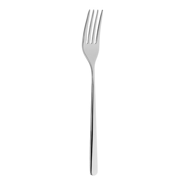 A silver fork with a long handle.