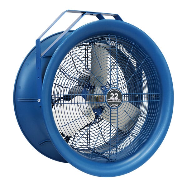 A large blue Patterson industrial fan with metal blades.