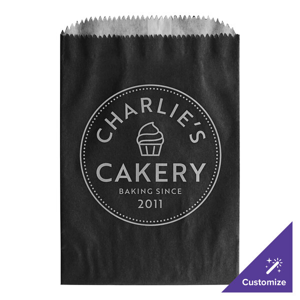 A black paper bag with white customizable text.