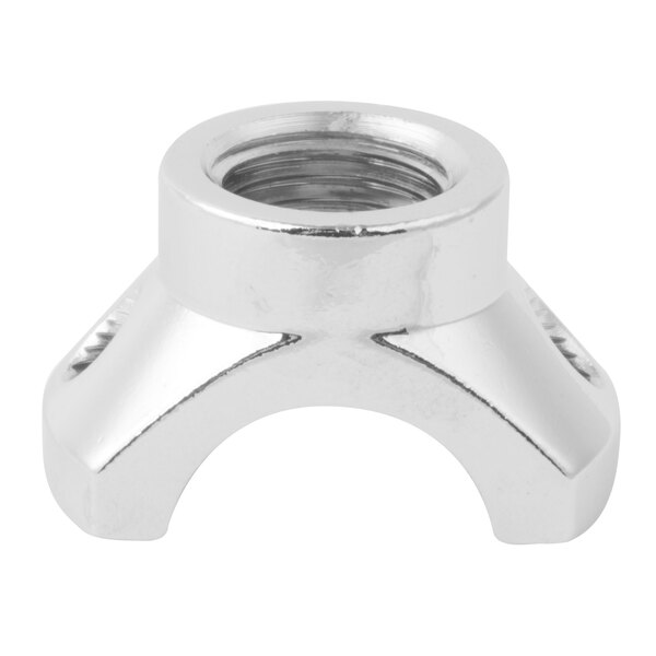 A silver metal T&S back faucet clamp with a nut.